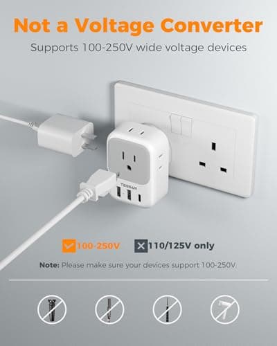 TESSAN UK Adapters for Travel 2 Pack, Type G US to UK Plug Adapter with 4 Outlets 3 USB Charger(1 USB C), Power Adaptor for USA to Ireland Scotland Dubai Hong Kong England British Kenya London — view 5