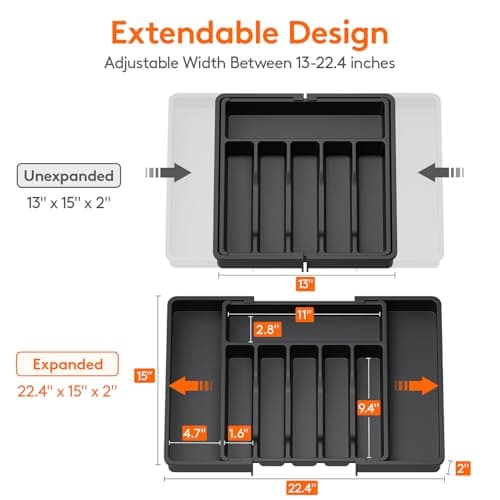 Lifewit Extra Large Cutlery Organizer, Expandable Silverware Drawer Organizer for Kitchen, Adjustable Cutlery Tray Drawer Organizer for Spoon Forks Knives, Cutlery Crocks, 13-22 x 15", Black — view 2