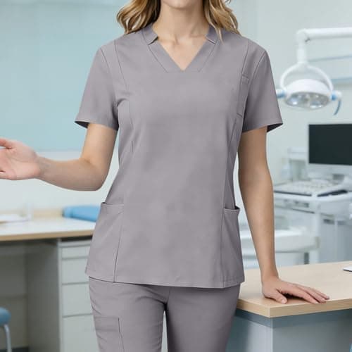 Women Medical Scrub Tops with Notch V Neck Short Sleeve High Elastic Scrubs Classic Lightweight Breathe Nurse Uniform Gray Medium — view 2