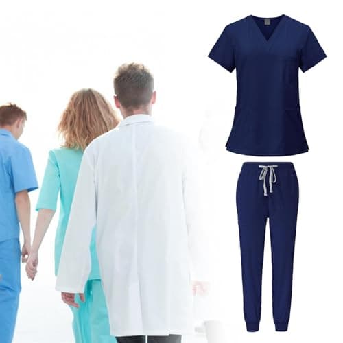 YIJU Female Scrub Set Nurse Workwear V Neckline Professional Machine Washable Top and Joggers Pant Work Clothing for Beauty Center, Navy Blue, S — view 2