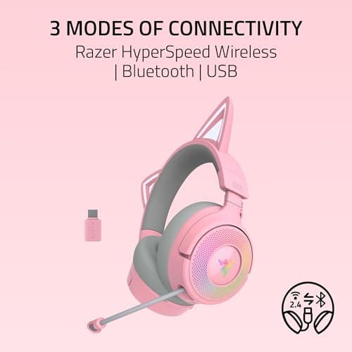 Razer Kraken Kitty V3 Pro Wireless RGB Gaming Headset: Chroma RGB Kitty Ears - 2.4 GHz, Bluetooth 5.3, USB A - Super Wideband Mic - 40mm Drivers - THX Spatial Audio - Comfortable Ear Cushions - Pink — view 2