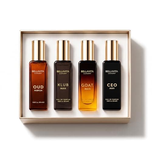 BellaVita Luxury Men's Perfume Gift Set with CEO Man, G.O.A.T., KLUB & OUD | 4 x 20ml (80ml) | Long Lasting Perfume for Men | Citrus, Woody, Patchouli & Caramel Notes | Gift for Father's Day