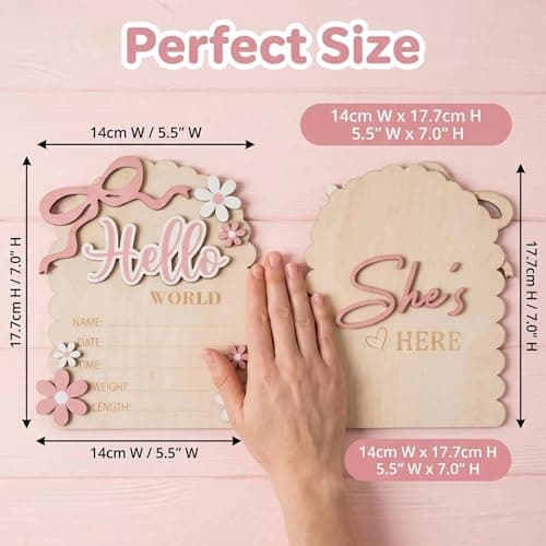 Hello World Baby Sign, Double-Sided Wooden Baby Announcement Sign, Pink Bow Newborn Birth Plaque for Photo Props Nursery Keepsake Shower Gift — view 2