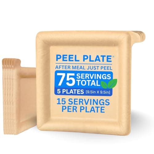 Peel Plate [5-Pack] 75 Servings Total - Large 9.5in X 9.5in Multi-Use Reusable Paper Plates 90% Less Waste For Home or On-The-Go Mealtime & Snacktime