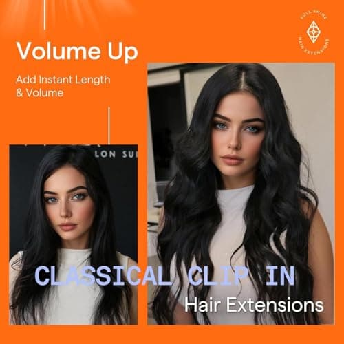 Full Shine Clip in Hair Extensions Human Hair, 1B Natural Black, 14 Inch, 120G, 7 Pcs, Double Weft Remy Brazilian Hair, Silky Straight Add Length and Volume, Office, Sleek Ponytail, Daily Wear — view 5