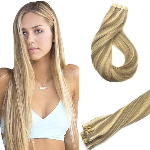 GOO GOO Tape in Hair Extensions Human Hair for Women Light Blonde and Golden Blonde Hair Extensions Real Human Hair Seamless Invisible Hair Extension Tape 20pcs 50g 20inch