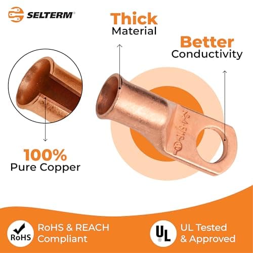 SELTERM 10pcs 4 AWG - 5/16" Stud Battery Lugs, Heavy Duty Wire Lugs, Ring Terminals, Cable Ends, 4 Gauge Terminals, UL Bare Copper Eyelets Electrical Terminal Connectors — view 2