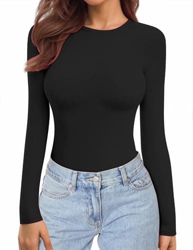 Ekouaer Womens Long Sleeve Shirts Crew Neck Stretch Fitted Underscrubs Basic Top Black M
