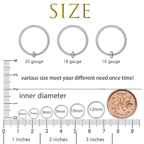 6pcs Hypoallergenic Nose Rings 20G 18G 16G 316L Surgical Steel Earrings Tragus Septum Piercing Nose Hoop Lip Rings Helix Cartilage Rook Earrings for Women Men 6/7/8/9/10/12mm (6PCS 18G Silver)