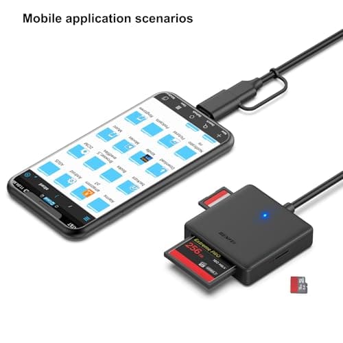 Memory Card Reader, BENFEI 4in1 USB 3.0 and USB-C to SD Micro SD MS CF Card Reader Adapter, 4 Cards Simultaneously Read and Write, Compatible with iPhone 15 Series, MacBook Pro/Air 2023, and More — view 5