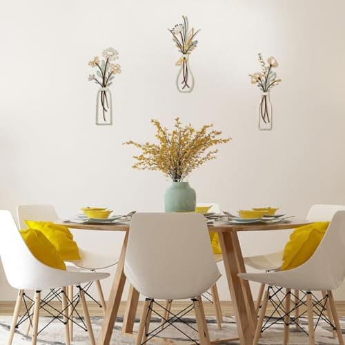 Pigort 3 Pieces Metal Flowers Wall Arts - Rustic Farmhouse Decor Beige Minimalist Flower Wall Decors for Living room Bathroom Bedroom Dining Room-Housewarming Gifts (Beige, Vase-C) — view 2