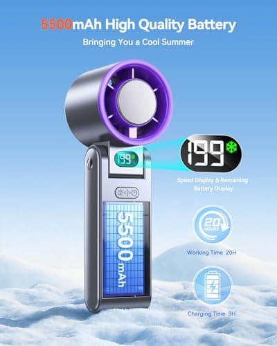 Portable Handheld Turbo Fan with Ice Cooler, 199 Speed Personal Fan,5500mAh Rechargeable,20H Cooling Time,20000 RPM Powerful Silent Motor, Summer Essential for Travel/Outdoor/Office, Grey Purple — view 4