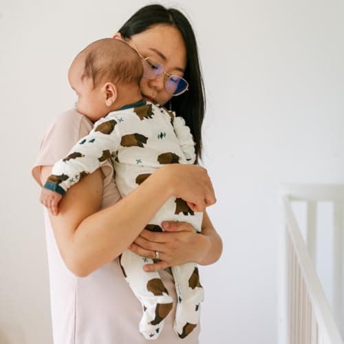 ZIPPYJAMZ Baby Sleepers, Organic GOTS Cotton Footed Onesies, Inseam Zipper for Quicker and Easier Diaper Changes - Little Grizzle (9-12 Months)