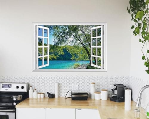 FLFK Fake Window Wall Mural - Lakes in The Jungle Faux Window Wall Sticker for Wall Decor, Stick and Peel Wall Decals,48"x32",Set of 2 Sheets — view 4