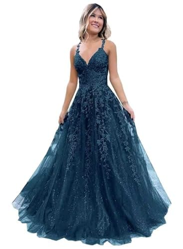 Pairuodas Tulle Lace Appliques Prom Dresses Long Spaghetti Straps A-Line Ball Gown V Neck Formal Evening Party Dress, Teal, 16 Plus