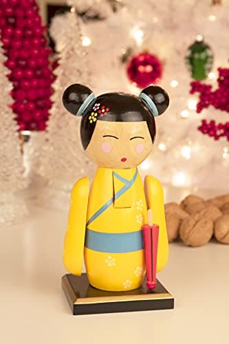 Clever Creations Yellow Kimono Doll 7 Inch Chubby Wooden Nutcracker, Festive Christmas Décor for Shelves and Tables — view 5