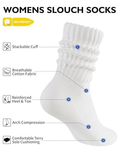 CLOSEMATE Womens Slouch Crew Socks Retro Cozy Scrunch Design Cotton Slouchy Socks Casual Comfort 3 Pairs(3Creamy White) — view 3