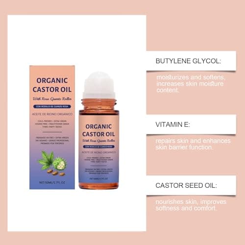 Organic Castor Oil, 50ml/1.7oz Pure Organic Cold-Pressed Castor Essential Oil Roller Ball for Skin Nourish, Suitable for All Skin Types — view 3