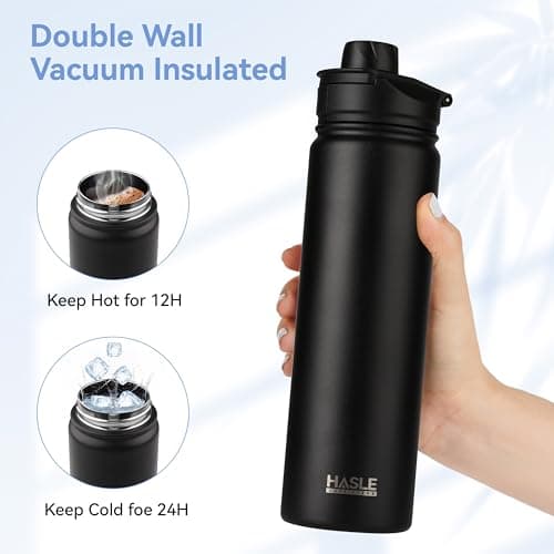 HASLE OUTFITTERS Insulated Water Bottle 22 oz Double Wall Stainless Steel Water Bottle Wide Mouth with Straw Lid & Spout Lid Keeps Cold or Hot(Black,1) — view 3