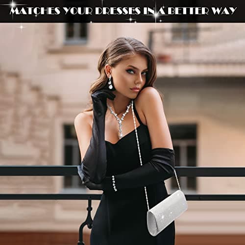 Meanplan 4 Pcs Silver Clutch Purse Jewelry Set for Women Rave Accessories Evening Rhinestone Purse Silver for Bride Wedding(Elegant Style) — view 2