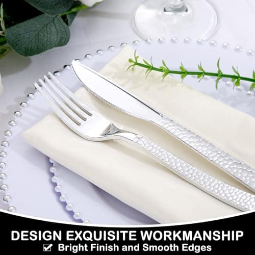 Supernal 180Pcs Silver Plastic Silverware Set, Elegant Hammered Design Heavy Duty Disposable Cutlery, Includes 60 Forks, 60 Knives, 60 Spoons,Silver Plastic Utensils for Wedding, Parties,Events — view 5