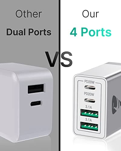 [2-Pack] USB C Wall Charger, 40W Fast USB C Charger Block, 4-Port PD Power Adapter + QC Wall Plug Multiport Type C Charging Block Cube Compatible with iPhone 16 15 14 13 12 11 Pro Max XR XS 8, Samsung — view 6