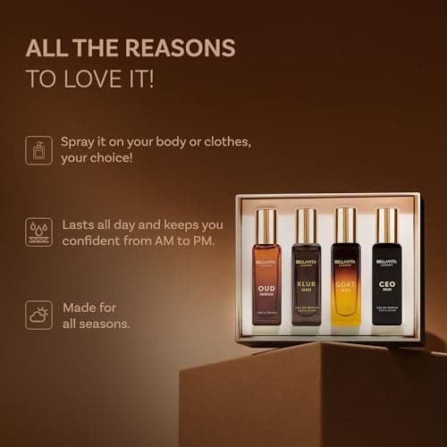 BellaVita Luxury Men's Perfume Gift Set with CEO Man, G.O.A.T., KLUB & OUD | 4 x 20ml (80ml) | Long Lasting Perfume for Men | Citrus, Woody, Patchouli & Caramel Notes | Gift for Father's Day — view 4