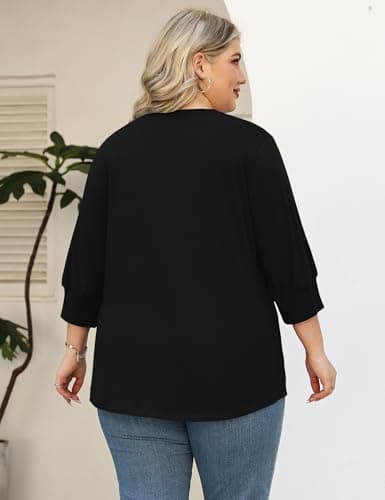 TFSDOD Womens Plus Size Tops 3/4 Length Sleeve Womens Tops V Neck Blouses Pleated Tunic Plus Size Fashion (Black XXL) — view 5