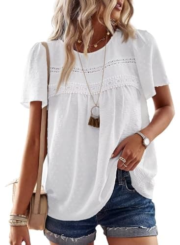 Falechay Spring Womens Tops Dressy Casual Crewneck Womens Lace Crochet Tunic Tops Short Sleeve Short Sleeve Shirts White Blouses for Women Plus Size XL