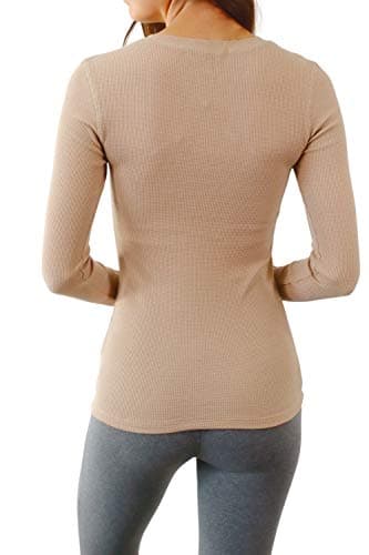 Pure Look Women's Long Sleeve Waffle Knit Stretch Cotton Thermal Underwear Shirt, V-neck Beige, 1X — view 2