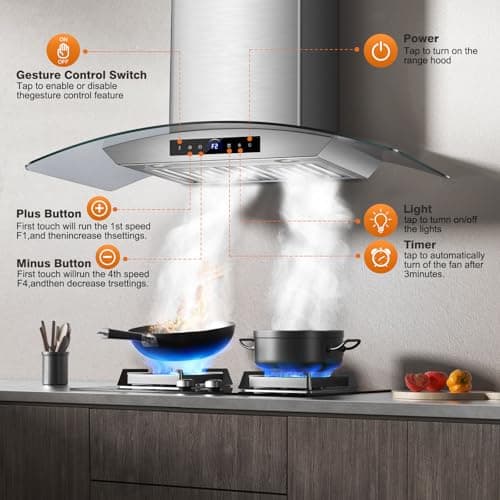 TAZPI 30 Inch Wall Mount Range Hood 1200 CFM, 4-Speed Wall Mount Range Hood with Touch Control & Gesture Sensing Stainless Steel Kitchen Stove Vent Hoods with 2 LED Lights Pro Series — view 6