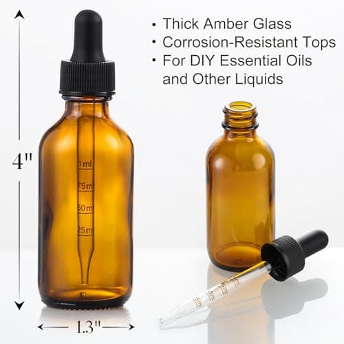 4 Pack 1 oz Glass Dropper Bottles with Measured Dropper - 30ml Dark Amber Tincture Bottles with Graduated Calibrated Glass Eye Droppers (1ml) for Essential Oils, Liquids - Leakproof Travel Bottles — view 3