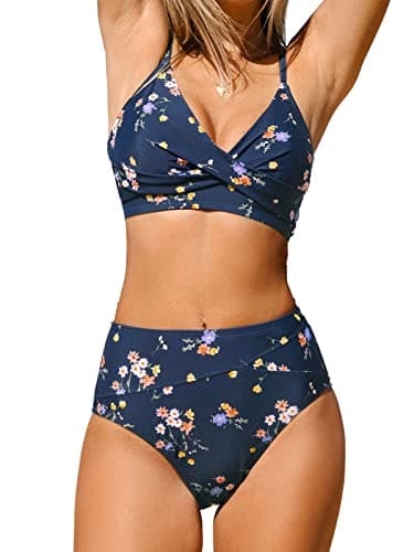 CUPSHE Women's Bikini Set Crossover Bustier High Waist Bikini Swimwear Elegant Two Piece Swimsuit, Navy/Flowers, Medium