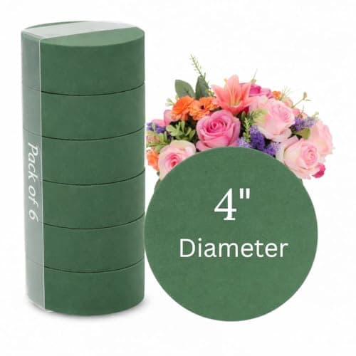 Pack of 6 FLOFARE Round Floral Foam Blocks for Fresh and Artificial Flowers, Each (4" X 1.4"), Dry & Wet Green Flower Foam for Flower Arrangements & Florist Supplies