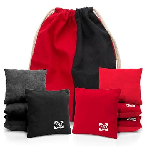Professional Cornhole Bags - Set of 8 Regulation All Weather Two Sided Improved Bean Bags for Pro Corn Hole Game - 4 Red & 4 Black