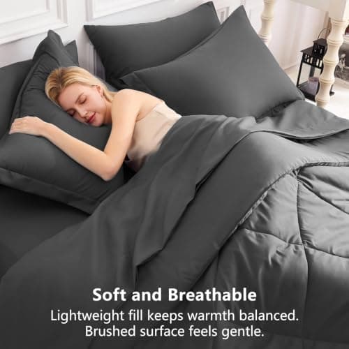 CozyLux Queen Comforter Set Dark Grey - Bed in a Bag Queen Size 7 Pieces, Luxury Soft Bed Set for All Seasons, Bedding Set with Comforter, Sheets, Pillowcases & Shams, Dark Gray, Queen — view 3
