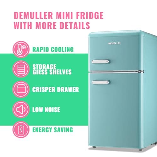 DEMULLER Retro Mini Fridge with Top Freezer 100L Small Refrigerator with Two Doors & Two Handles Dorm Fridge with 7 Temperature Settings Spacous Capacity & Ideal Size Blue — view 4