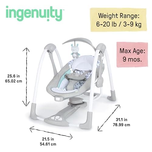 Ingenuity ConvertMe 2-in-1 Compact Portable Automatic Baby Swing & Infant Seat, Battery-Powered Vibrations, Nature Sounds, 0-9 Months 6-20 lbs (Raylan) — view 3