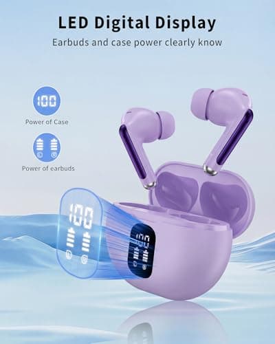 Wireless Earbuds, Bluetooth 5.4 Ear Buds Bass Stereo, Headphones with Noise Cancelling Mic, LED Display in Ear Earphones Clear Calls, IP7 Waterproof Bluetooth Earbuds for Phone/Android/iPad, Purple