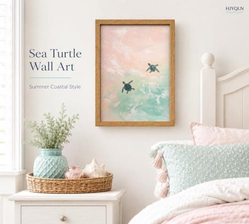 Framed Turtle Canvas Wall Art,Summer Tropical Animal Painting Picture Wall Decor,Dreamy Ocean Coastal Poster Print Artwork,for Bathroom Bedroom Living Room kids Room Home Decoration 8x10in