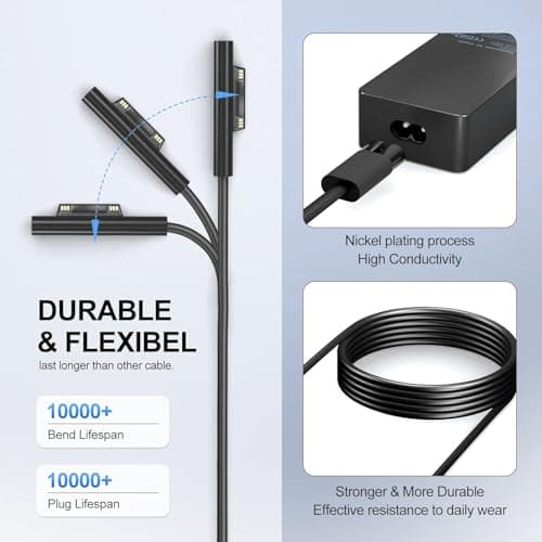 YURCIPWE Surface Pro Charger 65W, Surface Laptop Charger Compatible with Microsoft Surface Pro 11/10/9/8/7+/7/6/5/4/X, Surface Laptop 7/6/5/4, Surface Book 3/2, Surface Go 3/2/1 with 8.8ft Power Cord — view 4