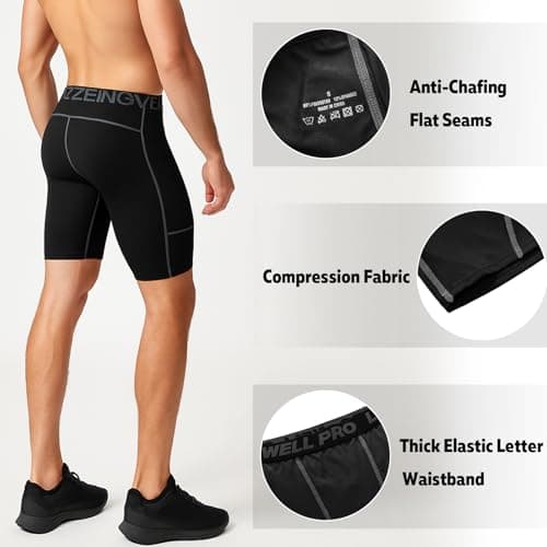 ZENGVEE Men's 3 Pack Compression Shorts with Pockets Athletic Baselayer Underwear for Running,Workout,Training-1011(3BlackGray- M) — view 2