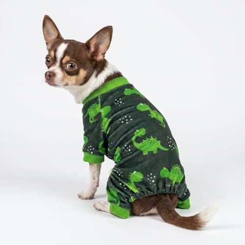 Fitwarm Dinosaur Dog Fleece Pajamas, Warm Clothes for Small Dogs Boy, Cozy Pet Onesie with Feet, Dark Green, Bright Green, Small — view 3