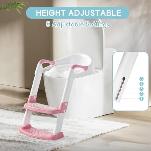 COOSEYA Potty Training Toilet with Step Stool Ladder, Toddler Kids Potty Training Seat for Boys Girls, Foldable Non-Slip Toilet Toddler Seat Splash Guard Soft Cushion Safety Handles (Pink) — view 4