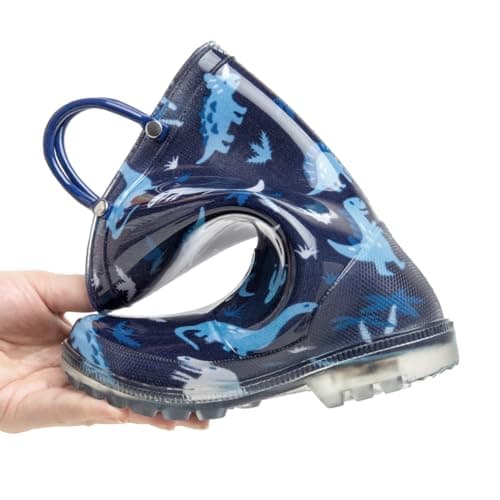 HugRain Toddler Boys Rain Boots Little Kids Baby child Light Up Waterproof Rubber Shoes Dinosaur Printed Mud Lightweight Adorable with Easy-On Handles Non Slip Sole Blue Size 8 — view 3