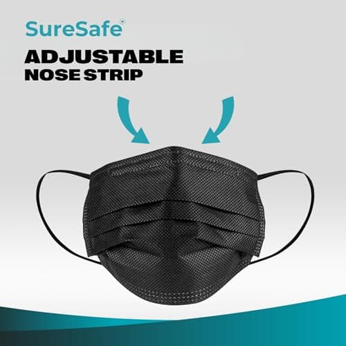 SURESAFE Premium Black Mask - Disposable Face Mask Pack of 100, 3 Ply face mask with Ear Loop, Women and Men Face Mask, High Filtration — view 3