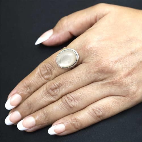 JEWELOPORIUM White Mother Of Pearl Silver Ring Size 7.5, 925 Sterling Silver Ring for Women, Natural Chunky Oval Gemstone Boho Jewelry — view 2