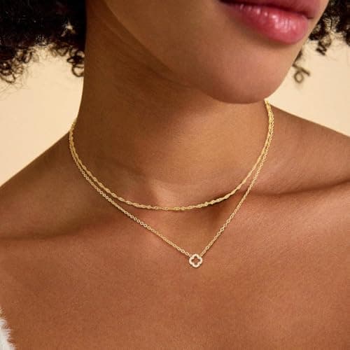 Mothers Day Gifts for Mom Dainty Gold Necklaces for Women Trendy Non Tarnish 14K Gold Plated Cubic Zirconia Necklace Layered Simple Cute Four Leaf Clover Choker Jewelry Birthday Gifts (Cable Small CZ, Gold) — view 7