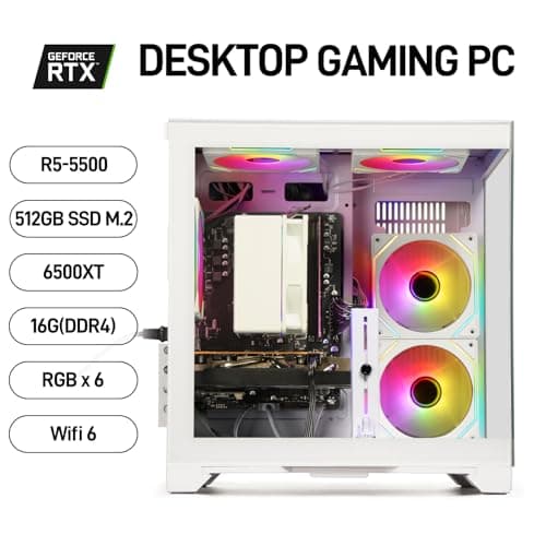 WIWB Gaming PC Desktop Computer - Ryzen 5 5500, Radeon RX 6500XT 4GB, 16GB DDR4 RAM, 512GB NVME SSD, Prebuilt Tower for 1080P Gaming, Streaming, School & Home Office (White)