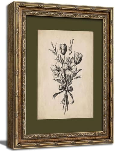 Gold Framed Wall Art Vintage Flower Sketch Wall Art Antique Sage Green Botanical Wall Decor Picture Dark Green Floral Drawing Poster Print for Bedroom Living Room 9x11in